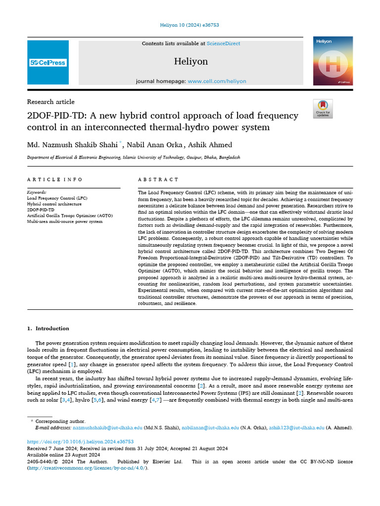 Hybrid 2DOF-PID-TD for Load Frequency Control | PDF | Power Station ...