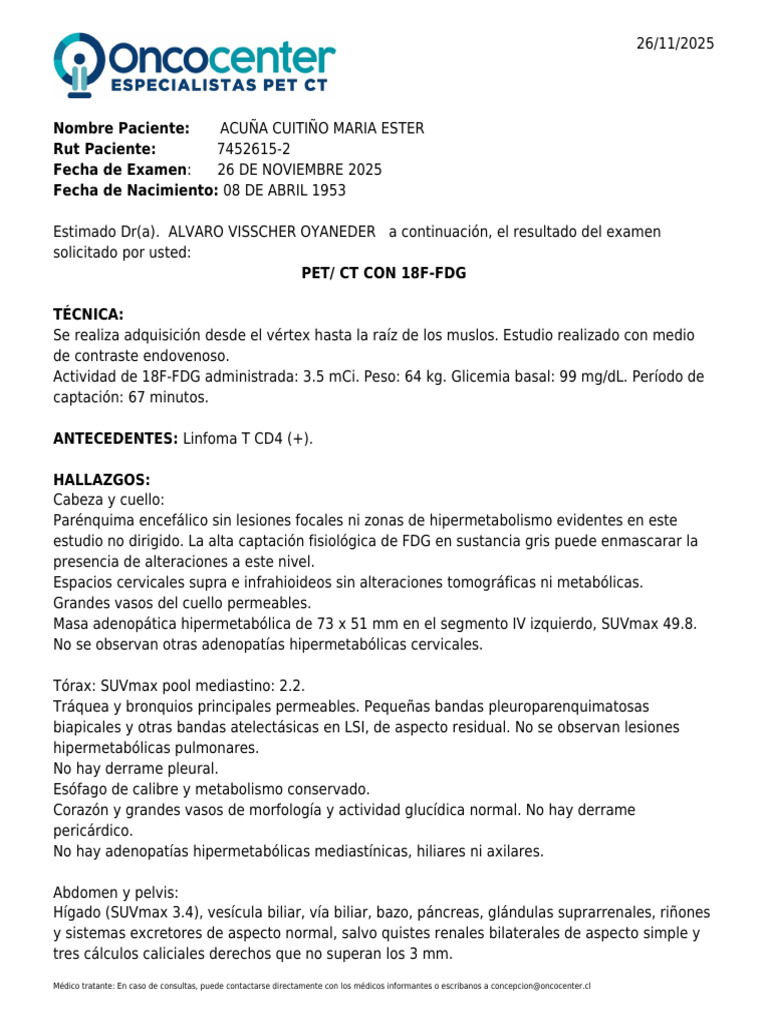 Resultados PET/CT Linfoma T 2025 | PDF | Anatomía | Especialidades Medicas
