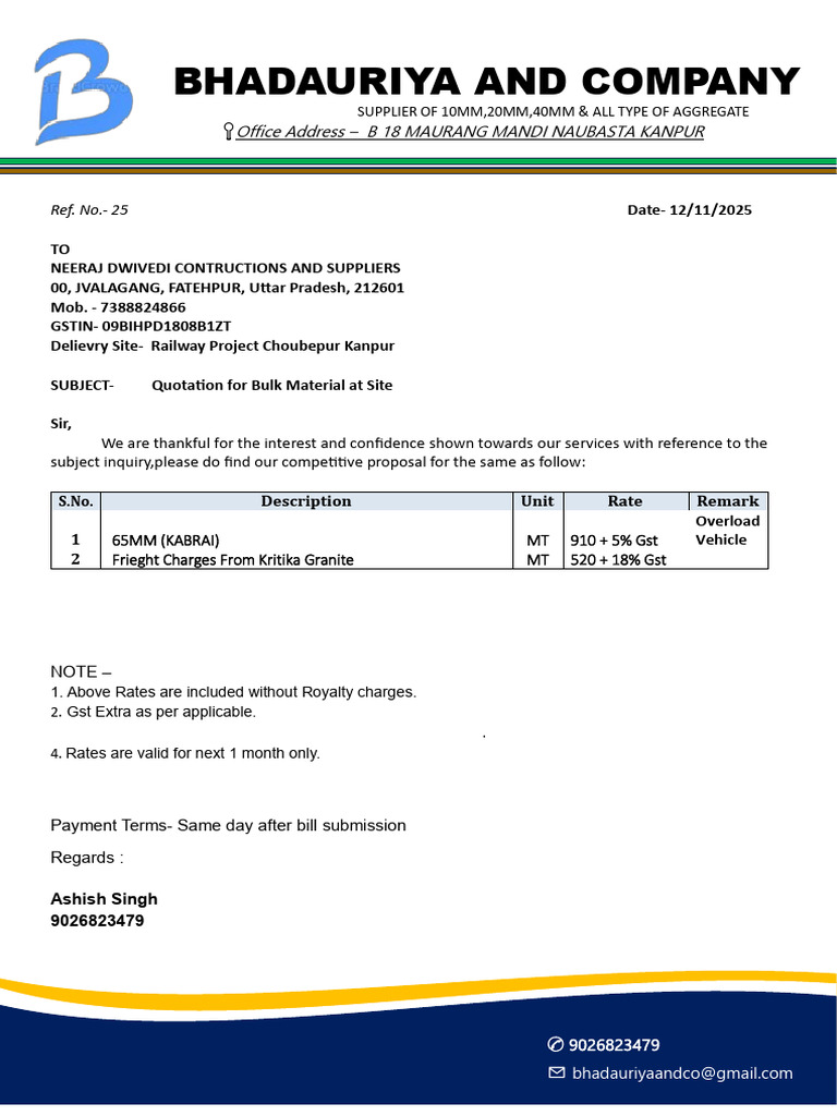 Quotation for Bulk Aggregate Supply | PDF