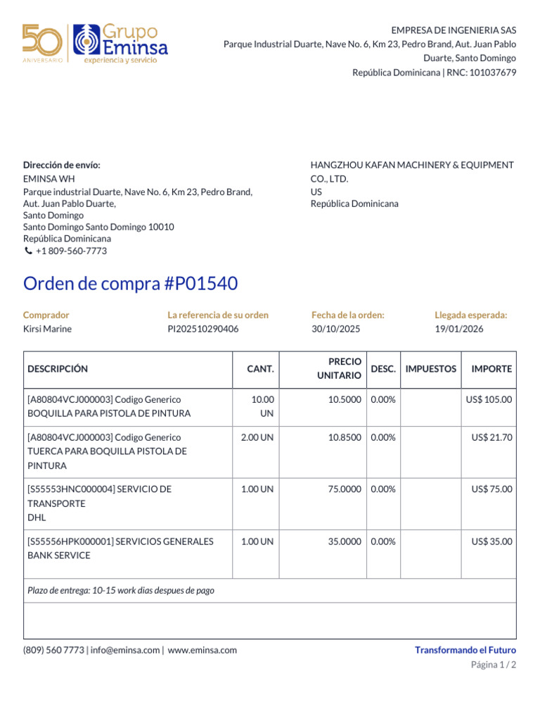 Orden de Compra - P01540 | PDF