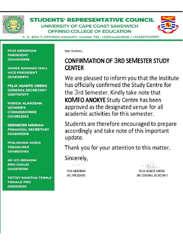 Confirmation of 3rd Semester Study Centre | PDF