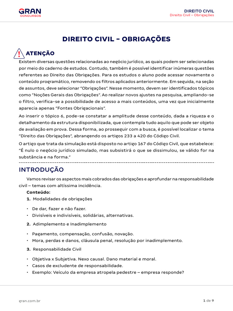 Direito Civil: Obrigações e Responsabilidade | PDF | Lei das Obrigações ...