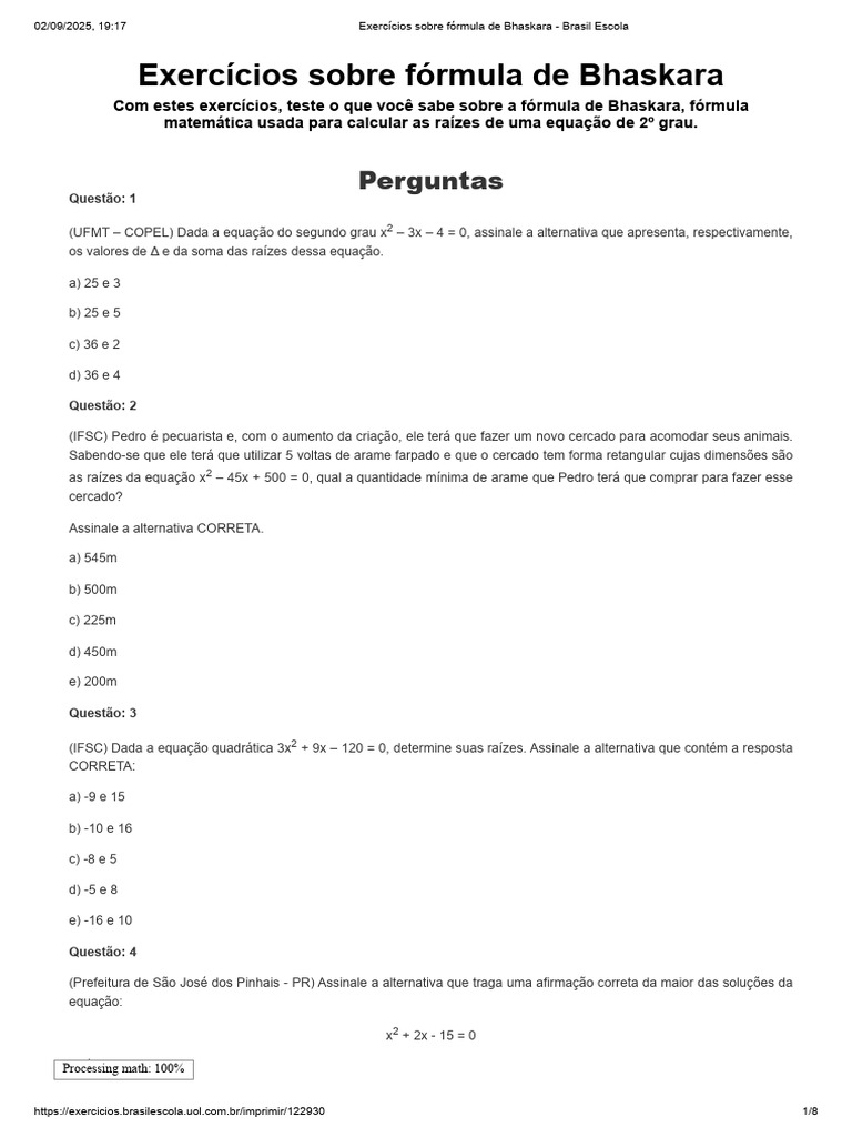 Exercícios Práticos sobre Bhaskara | PDF | Equação quadrática | Equações