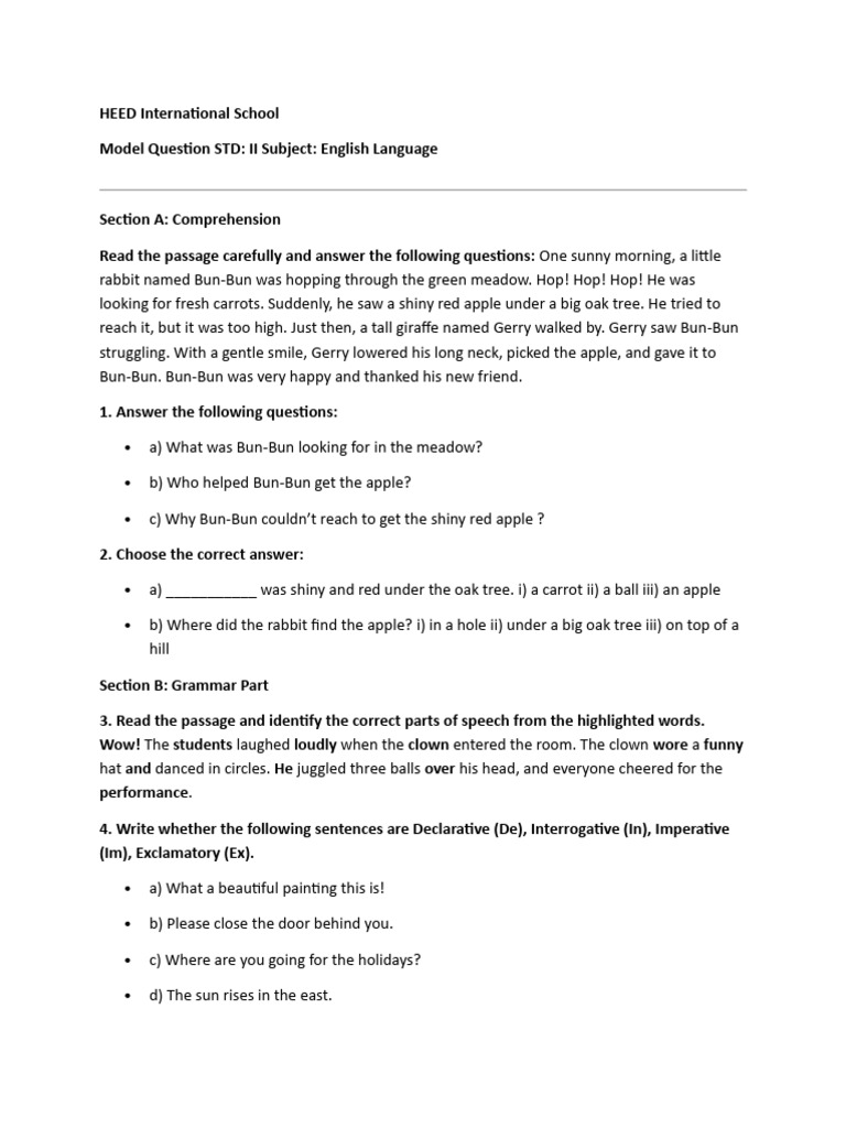 English Language Model Questions for Grade 2 | PDF | Plural | Noun