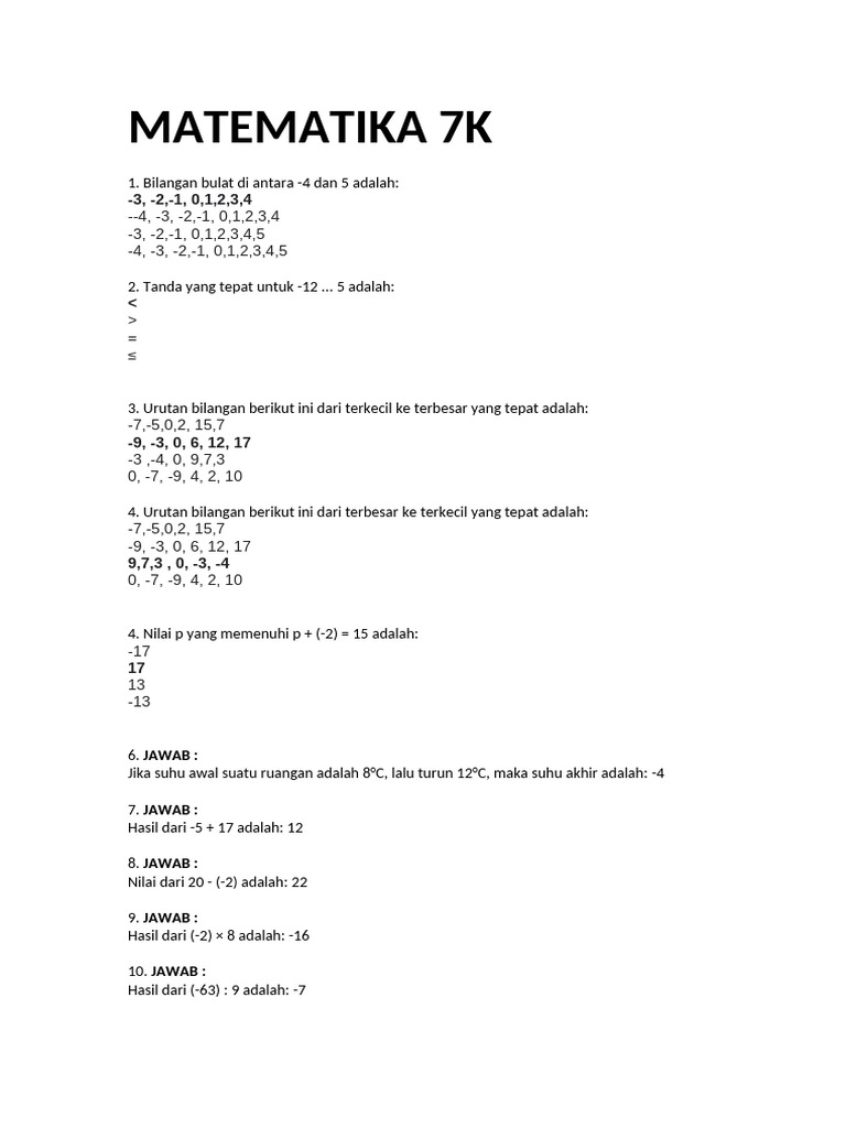Bilangan Bulat dan Operasi Matematika 7K | PDF