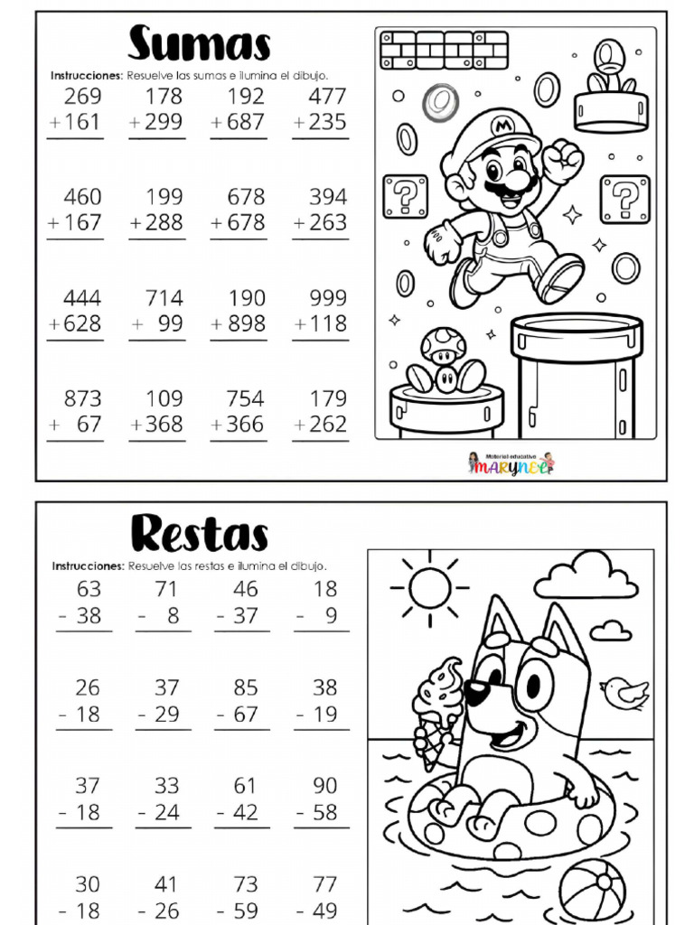 Fichas Repaso Suma y Restas Con Dibujos | PDF
