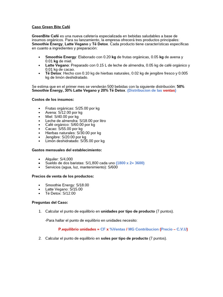 Caso Green Bite Café (Punto de Equilibrio) | PDF