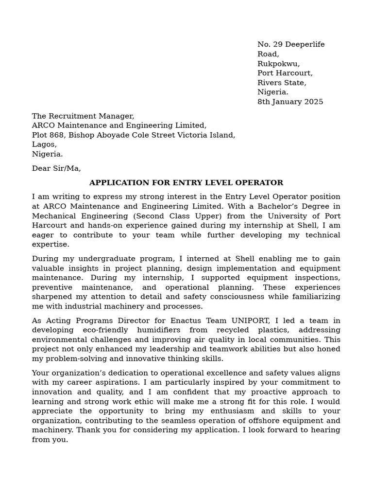 Application for Entry Level Operator Position | PDF