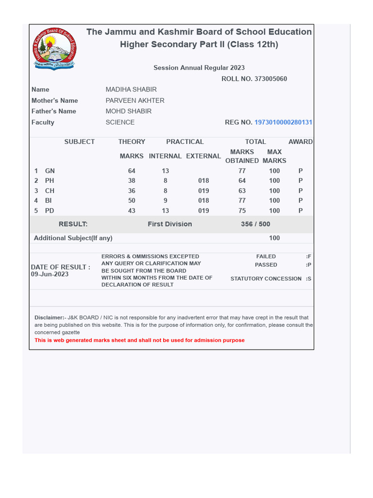 Class 12th Marks Sheet 2023 - J&K Board | PDF