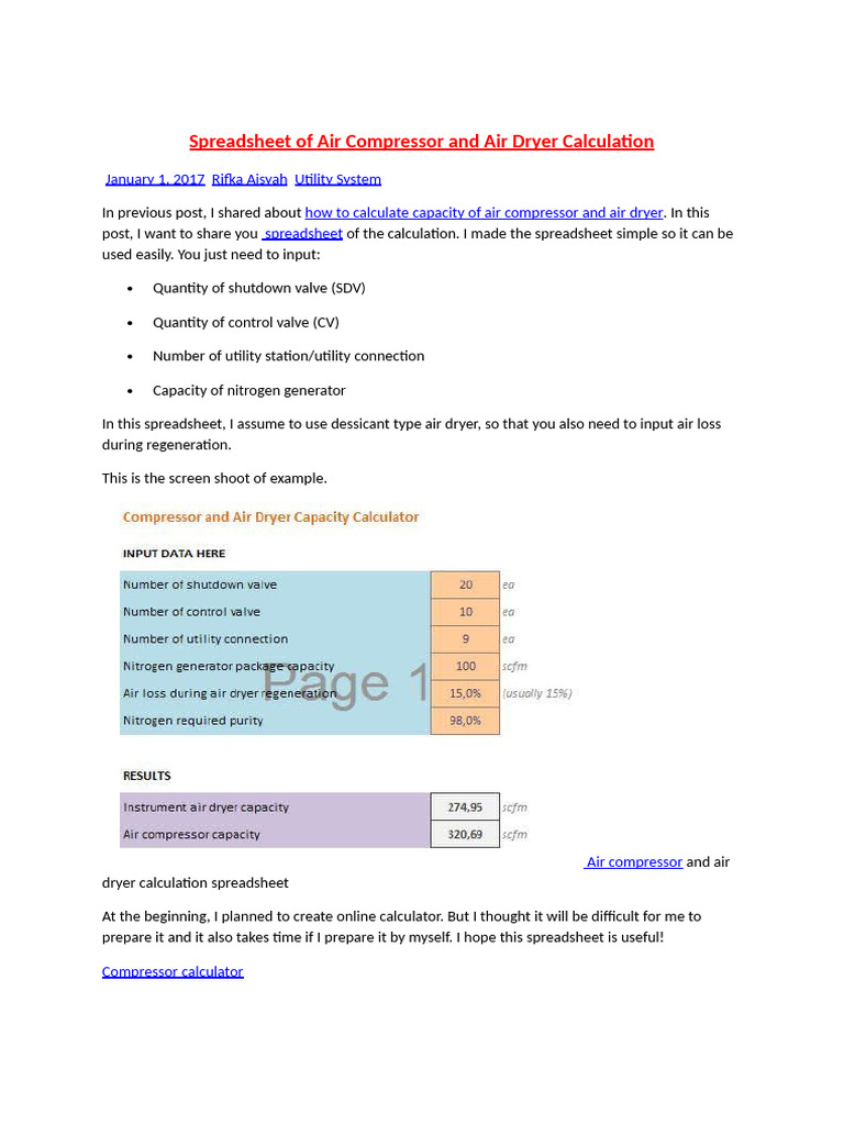 Air Compressor & Dryer Calculation Spreadsheet | PDF