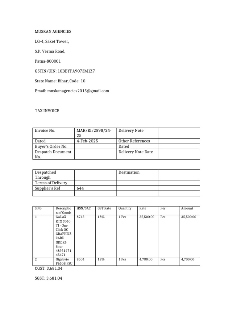 Tax Invoice for Graphics Card Purchase | PDF