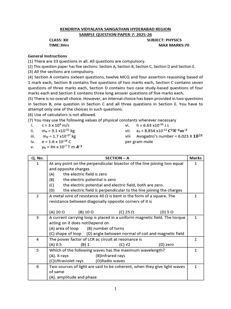 Class XII Physics Sample Paper 2025-26 | PDF | Electron | Electric Current