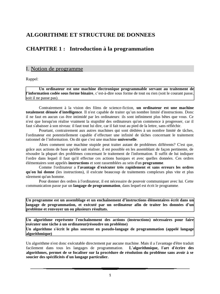 Introduction à l'algorithmique et aux variables | PDF | Structure de ...