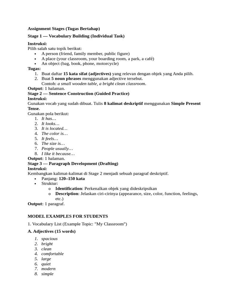 Assignment Stages English Descriptive Text PBSI 2025 | PDF | Classroom ...