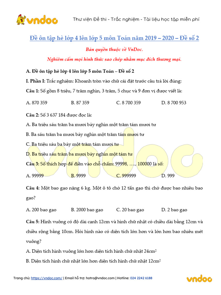 De On Tap He Lop 4 Len Lop 5 Mon Toan Nam 2019 2020 de So 2 | PDF