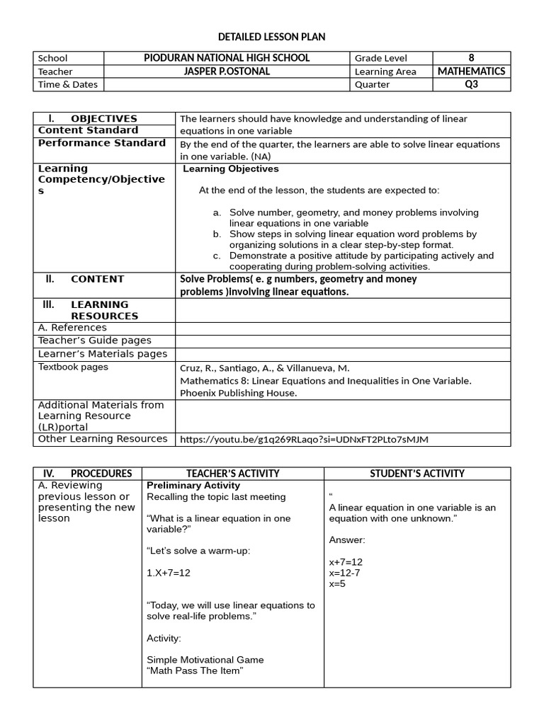 Lesson Plan: Solving Linear Equations | PDF | Equations | Mathematics