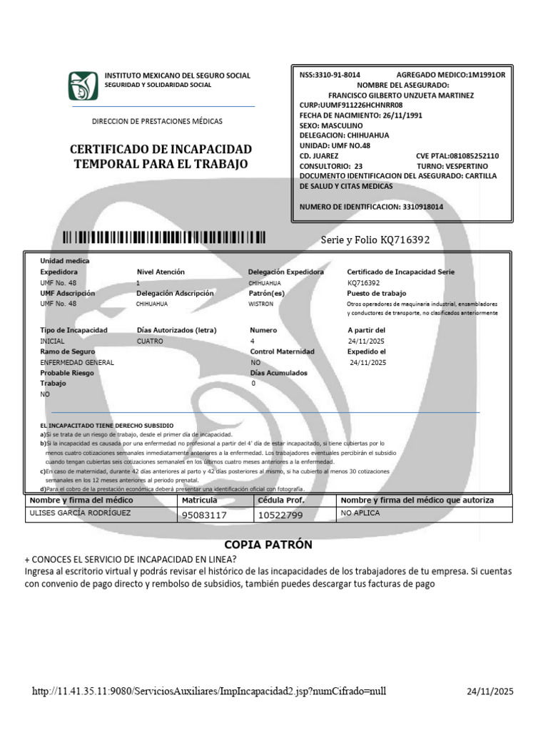 Certificado de Incapacidad Temporal IMSS | PDF