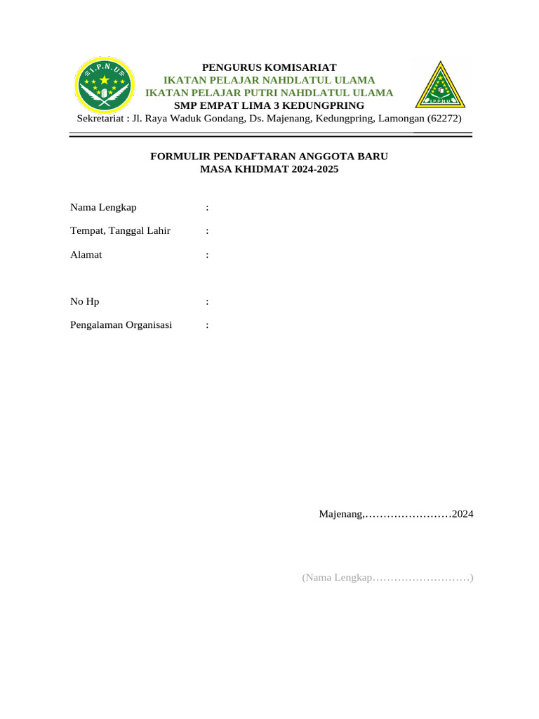 Form Pendaftaran Ip Ippnu | PDF