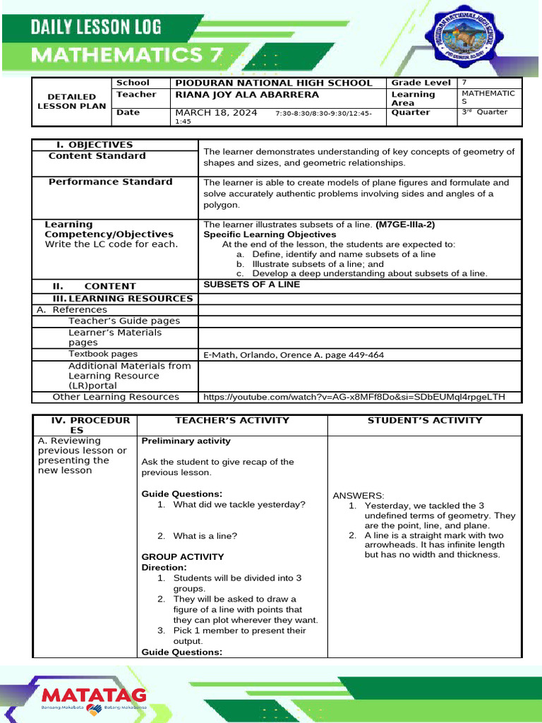 LESSON PLAN Illustrating Subsets of A Line | PDF