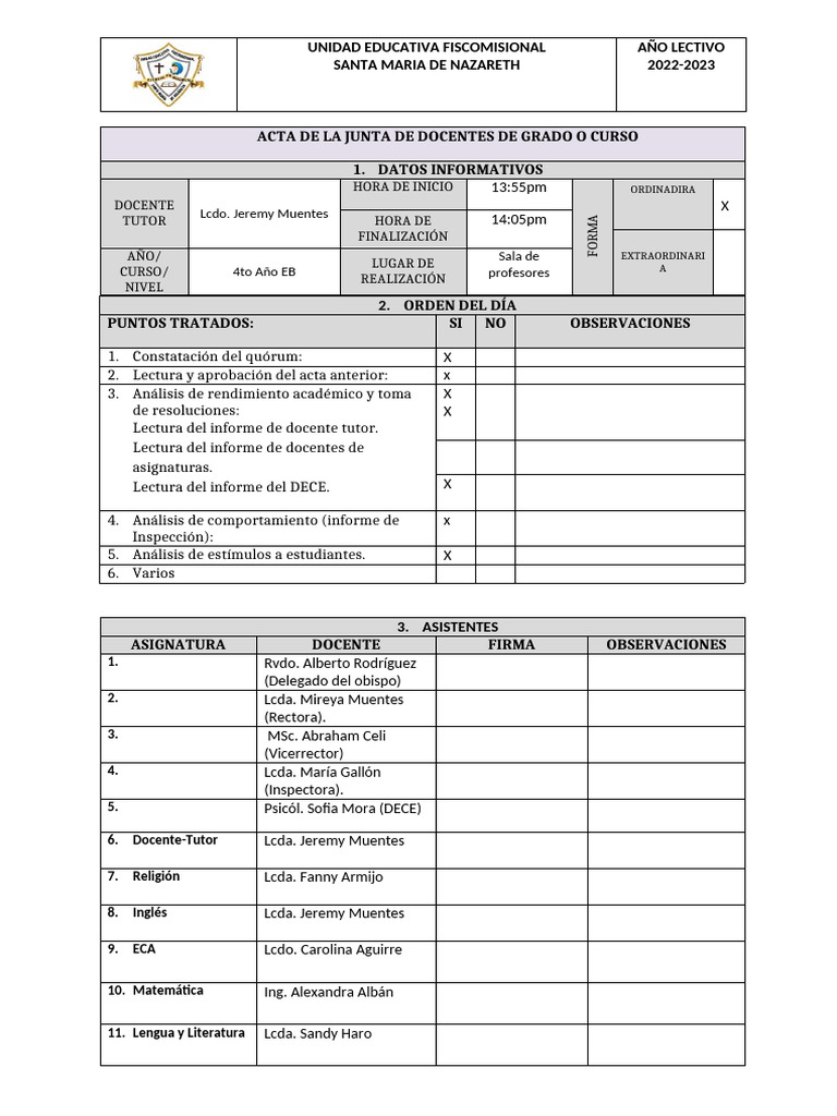 Acta de Junta 4to E.B 1er Quimestre 2022-2023 | PDF