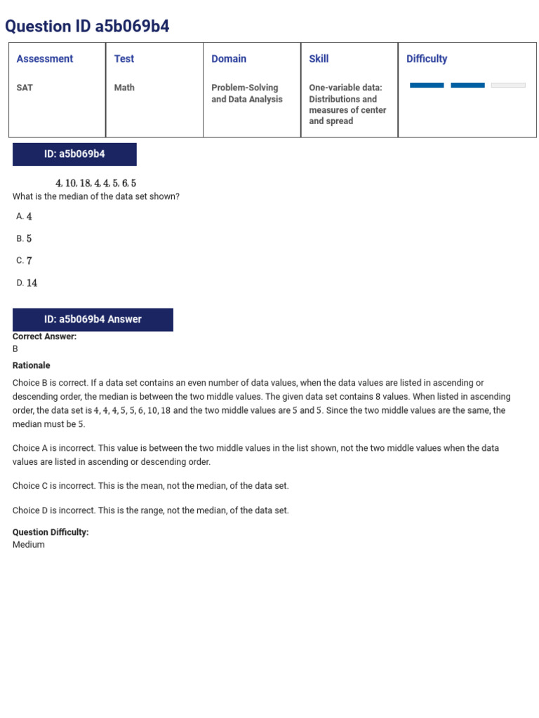 SAT Math Problem Solutions and Explanations | PDF | Sat | Median