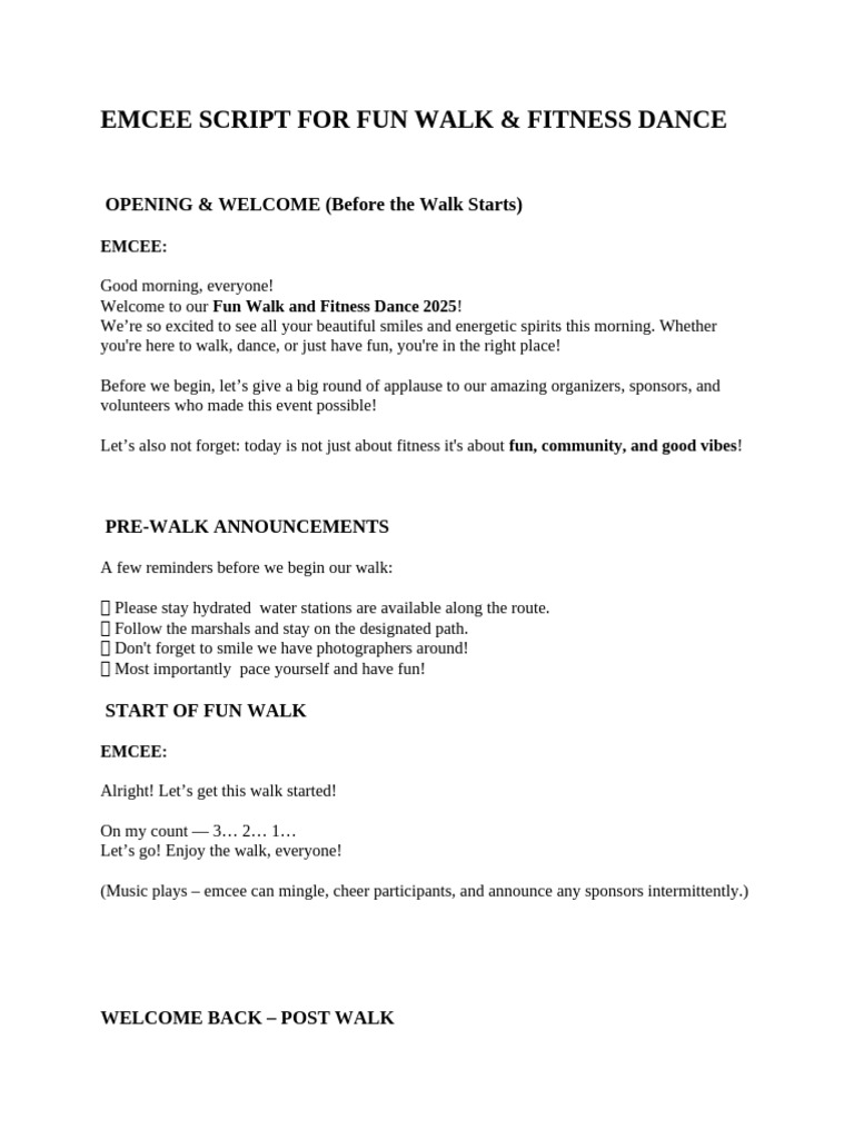 Fun Walk & Fitness Dance Emcee Script | PDF