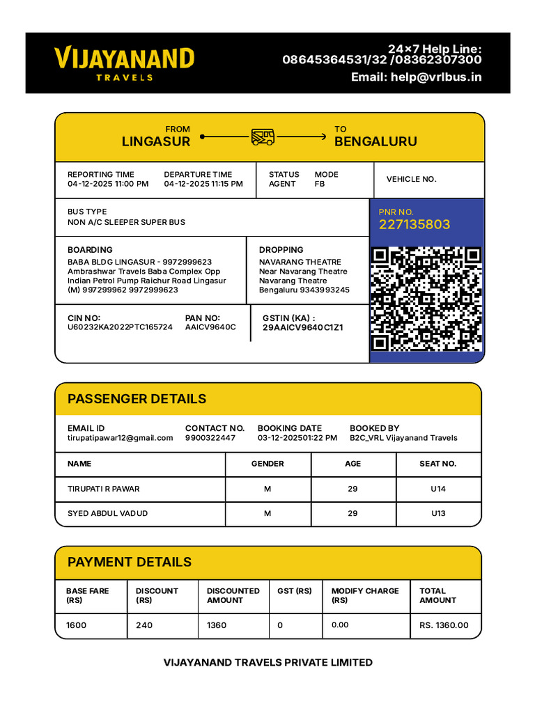 VRL Bus Booking Confirmation Details | PDF