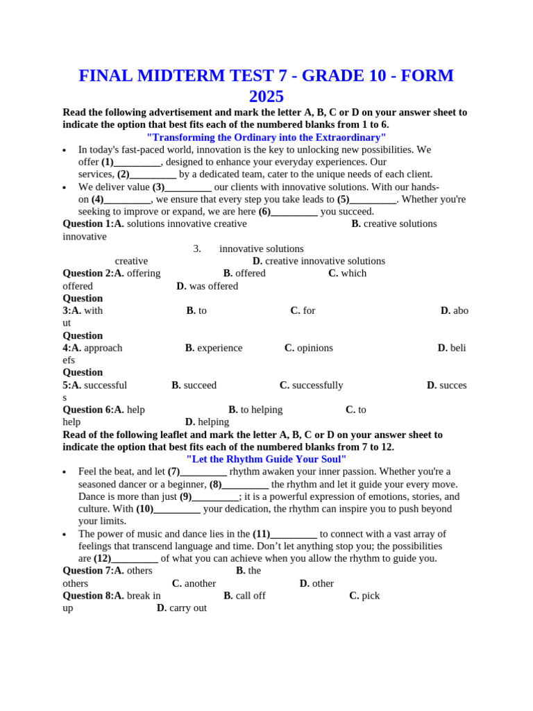 Grade 10 Midterm Test - English Skills | PDF | Nature | Ecological ...