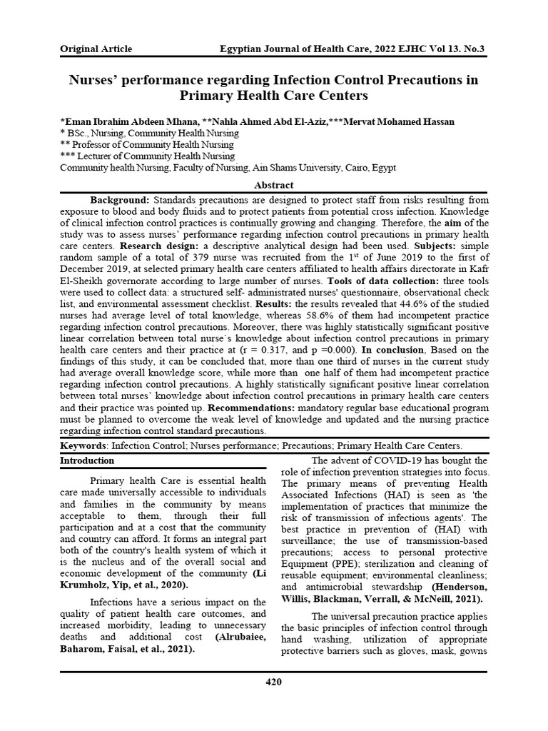Nurses' Infection Control Practices in Egypt | PDF | Infection | Public ...