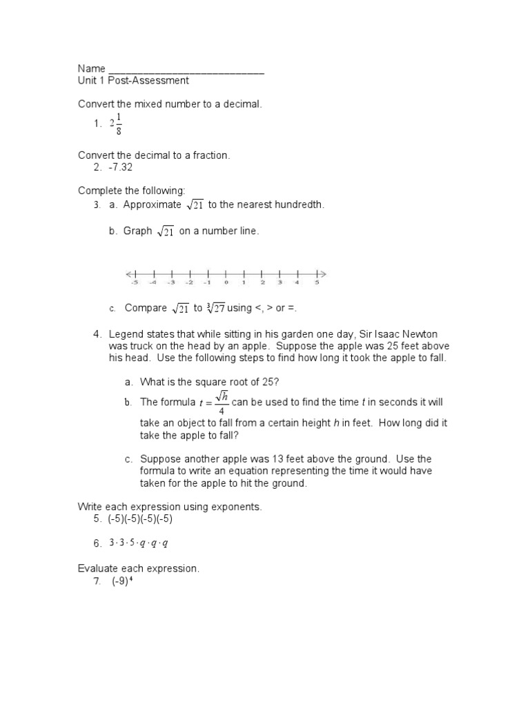 Math Post-Assessment: Conversions & Evaluations | PDF