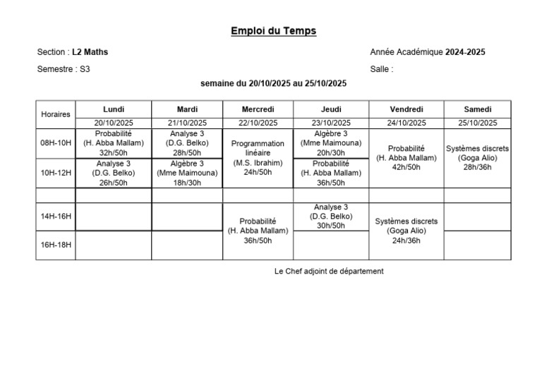 Emploi du Temps L2 Maths S3 2025 | PDF