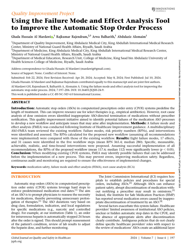 Improving Automatic Stop Orders with FMEA | PDF | Medical Error | House ...