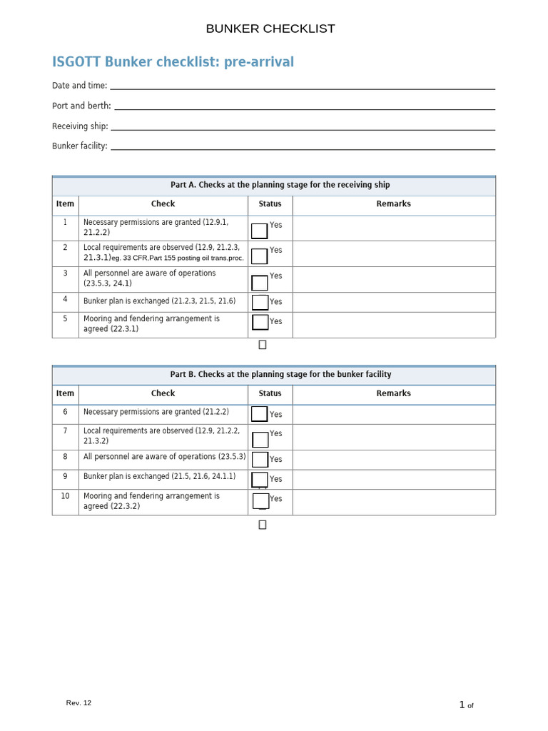 ISGOTT Bunker Checklist Overview | PDF | Water Transport | Shipping