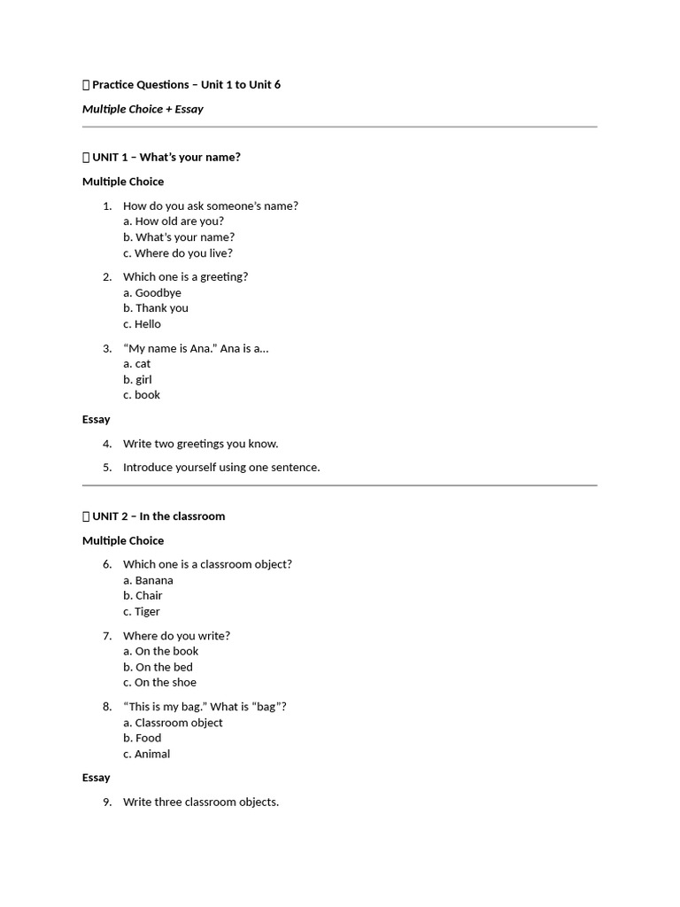 English Practice Questions Units 1-6 | PDF