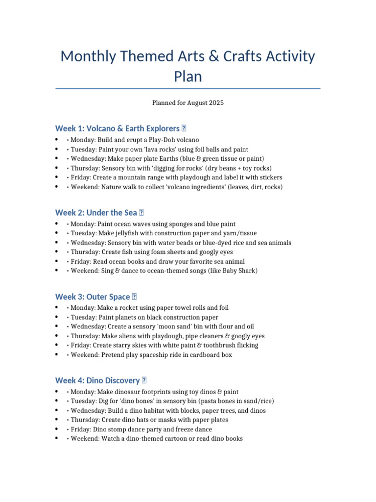 Themed Arts and Crafts Weekly Plan | PDF