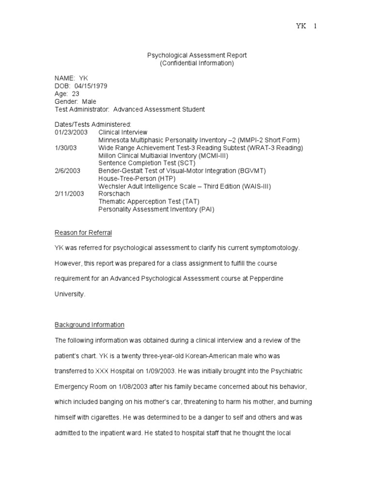 Sample Psych Report Wechsler Adult Intelligence Scale Mental Health