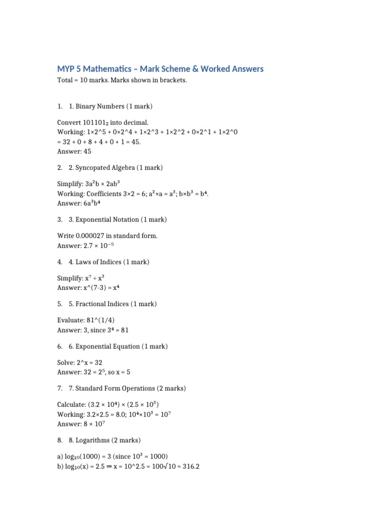 MYP 5 Math Mark Scheme & Solutions | PDF