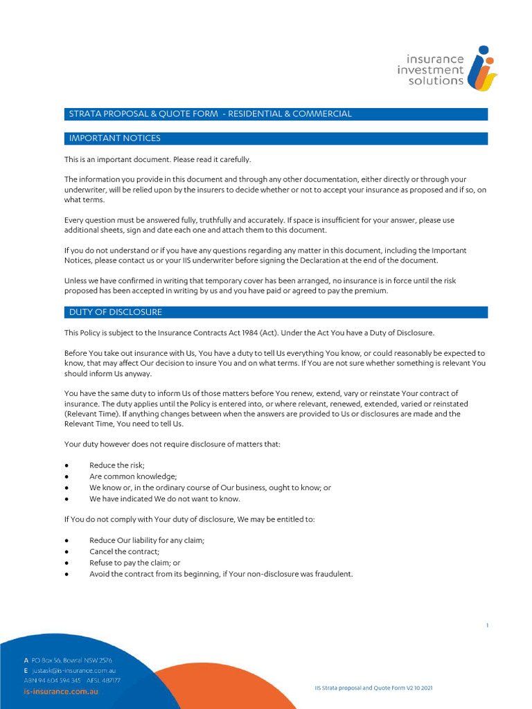 Strata Insurance Proposal & Quote Form | PDF | Insurance | Privacy