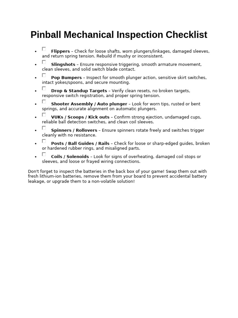 Pinball Machine Inspection Checklist | PDF