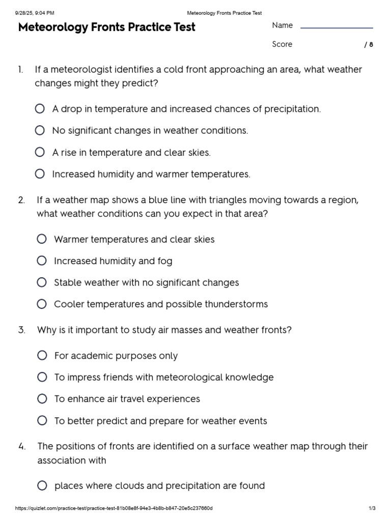 Meteorology Fronts Quiz and Study Guide | PDF | Weather | Atmospheric ...