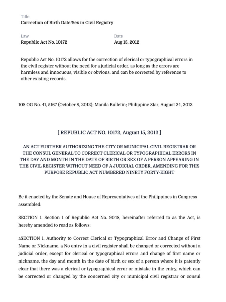 Civil Registry Birth Date/Sex Correction | PDF | Justice | Crime & Violence