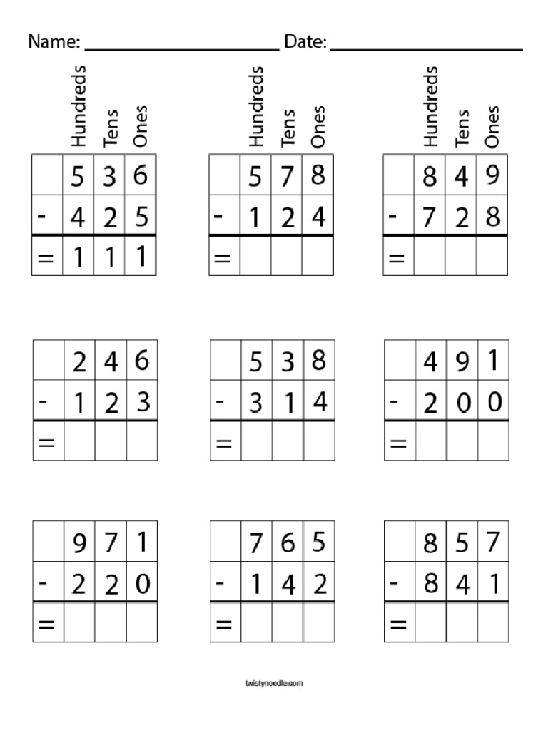 3 Digit Subtraction With Place Value Math Worksheet - Twisty Noodle | PDF