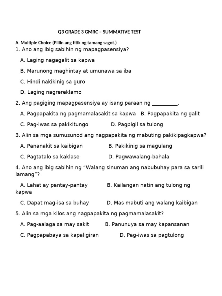 Grade3 GMRC Summative Test | PDF