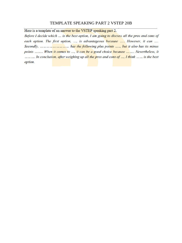 Template Speaking Part 2 Vstep 20b | PDF