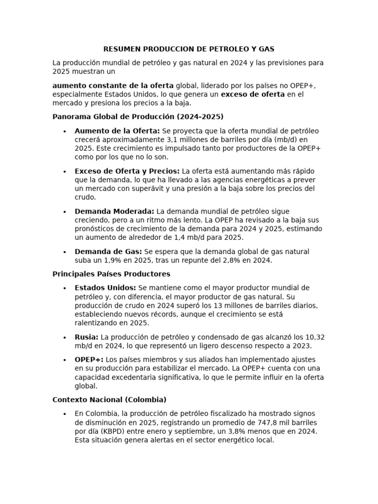 Producción de Petróleo y Gas 2024-2025 | PDF | OPEP | Petróleo