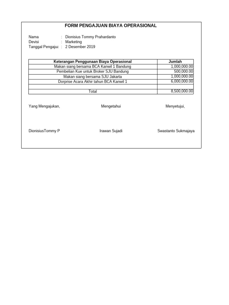 Form Biaya Operasional | PDF