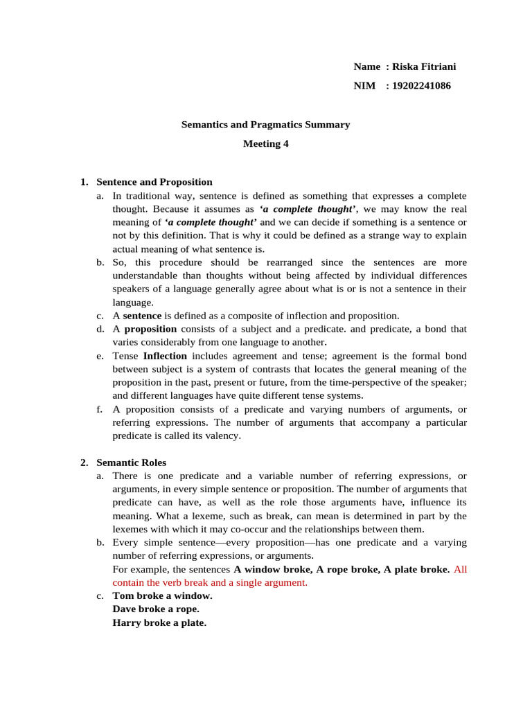 Semantics and Pragmatics Overview | PDF | Verb | Subject (Grammar)