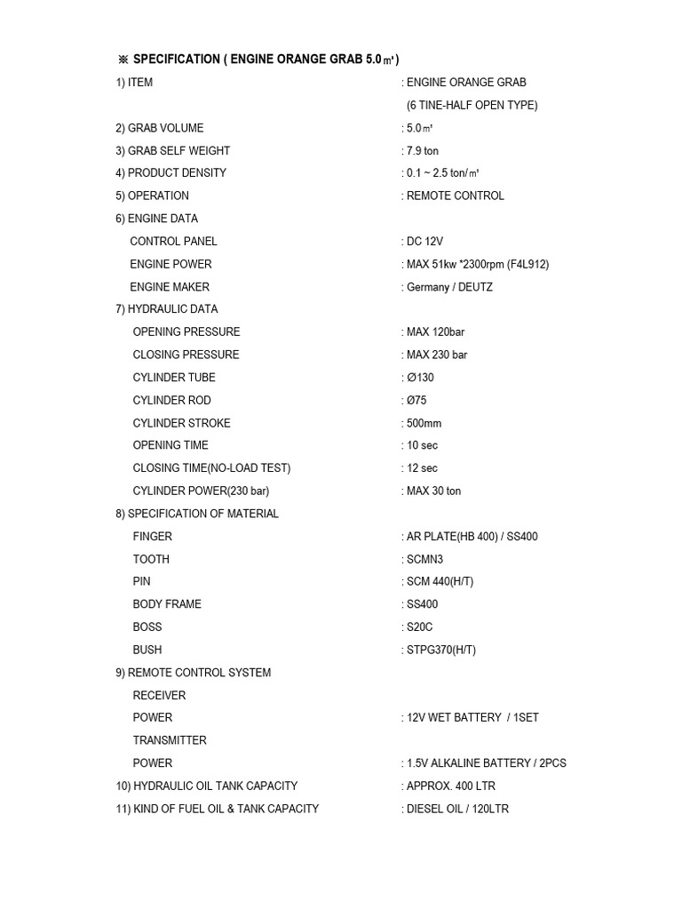 Specification For Engine Orange Grab 5.0cbm (Dw23-1017-03) | PDF