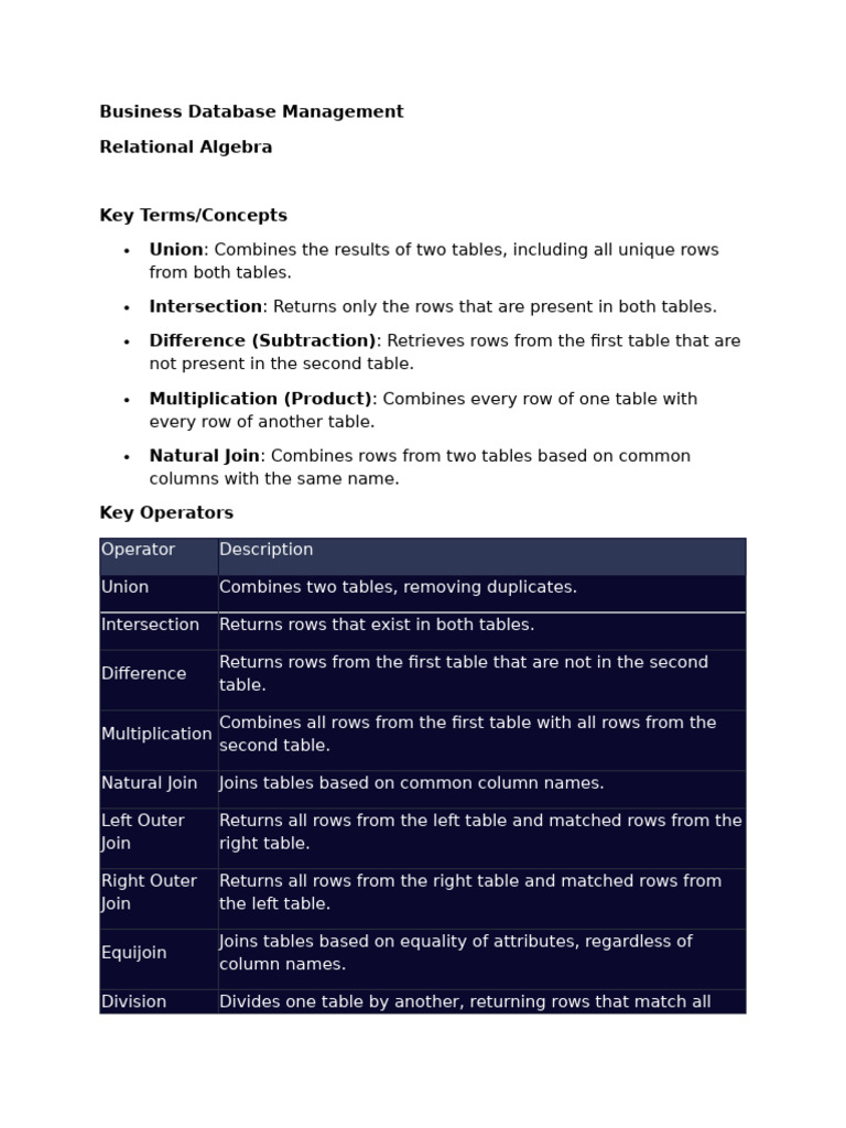 Business Database Management - Relational Algebra | PDF | Table ...