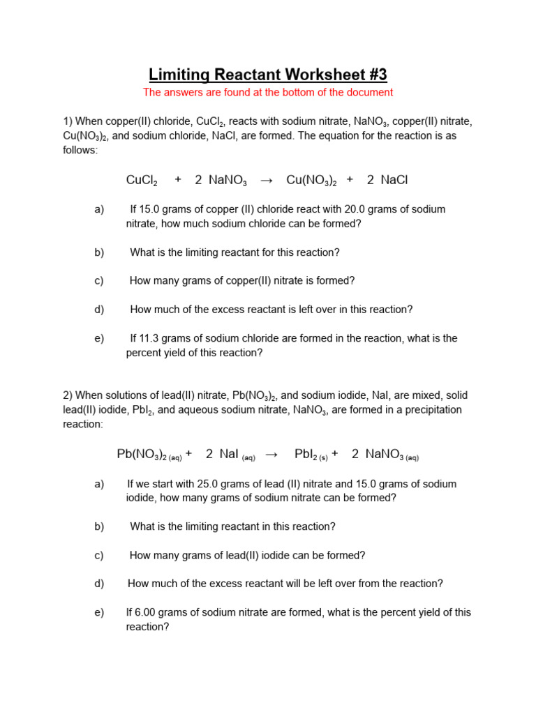 Limiting Reactant Calculations Worksheet | PDF | Chemical Reactions ...